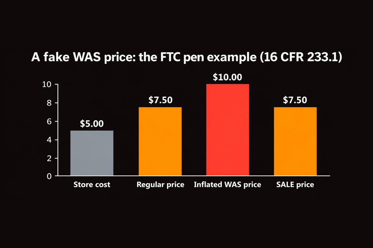 Bar chart of the FTC fictitious former price example from 16 CFR 233.1: store cost $5.00, regular price $7.50, inflated was price $10.00, and sale price $7.50, the same as the regular price